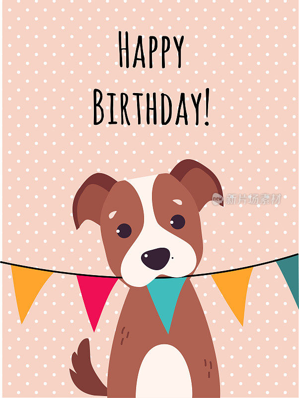 Happy Birthday Card with Dog Farm Animal Holding Garland as Holiday Greeting and祝贺矢量插图